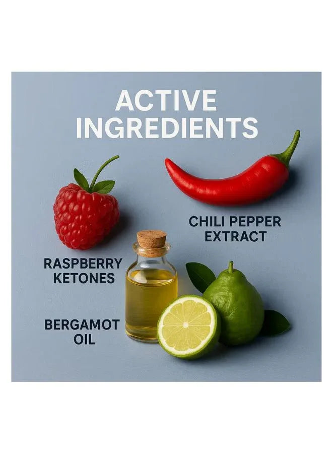 Active ingredients including raspberry ketones, chili pepper extract, bergamot oil, and a bottle of oil on a gray background.