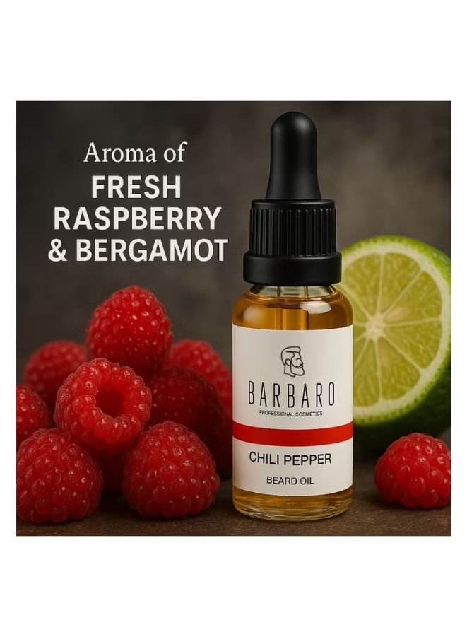 Barbaro Chili Pepper Beard Oil with fresh raspberries and a lime on a dark background
