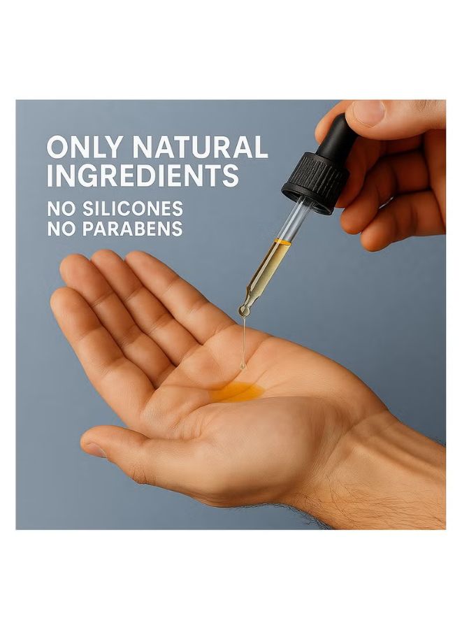 Hand holding a dropper with a natural product, labeled 'Only Natural Ingredients, No Silicones, No Parabens' on a blue background.