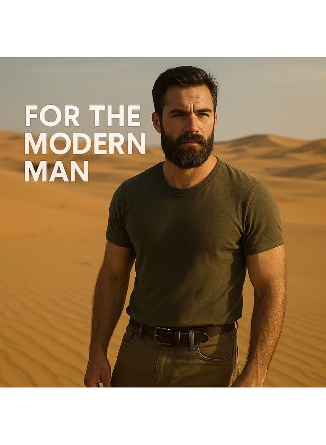 Man standing in a desert with text 'For the Modern Man' on a beige background