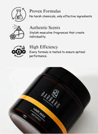 Barbaro hair wax container with product features on a white background