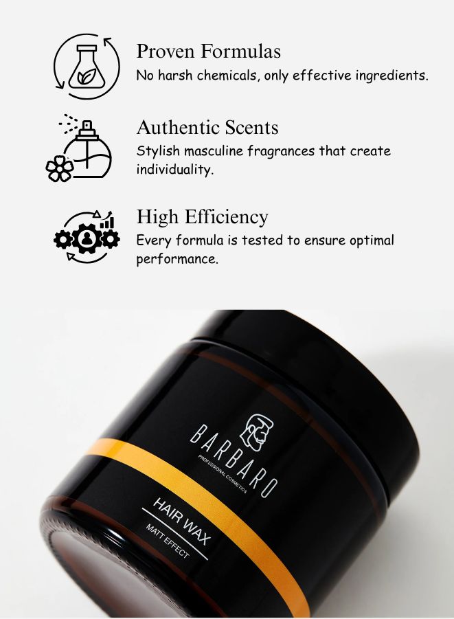 Barbaro hair wax container with product features on a white background