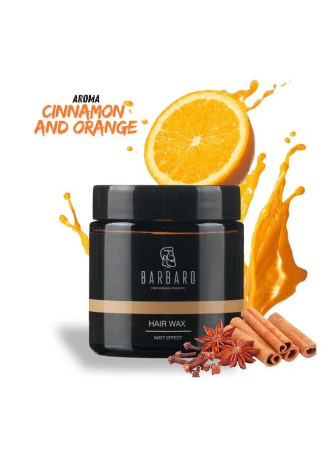 Barbaro hair wax jar with cinnamon and orange elements on a white background