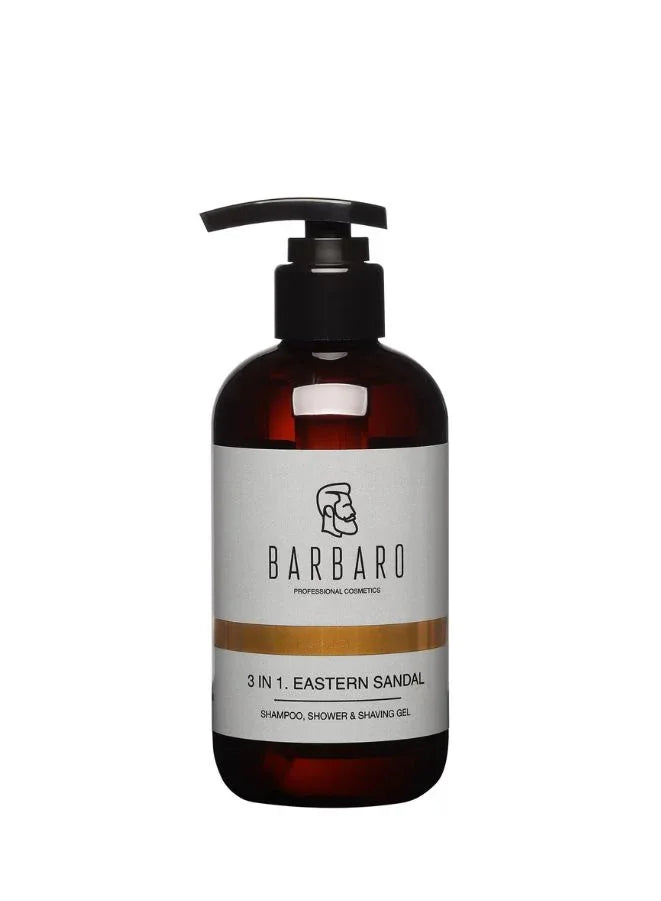 Barbaro 3-in-1 shampoo, shower, and shaving gel bottle on a white background