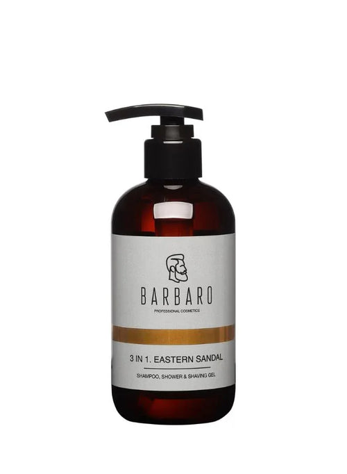 Barbaro 3-in-1 shampoo, shower, and shaving gel bottle on a white background
