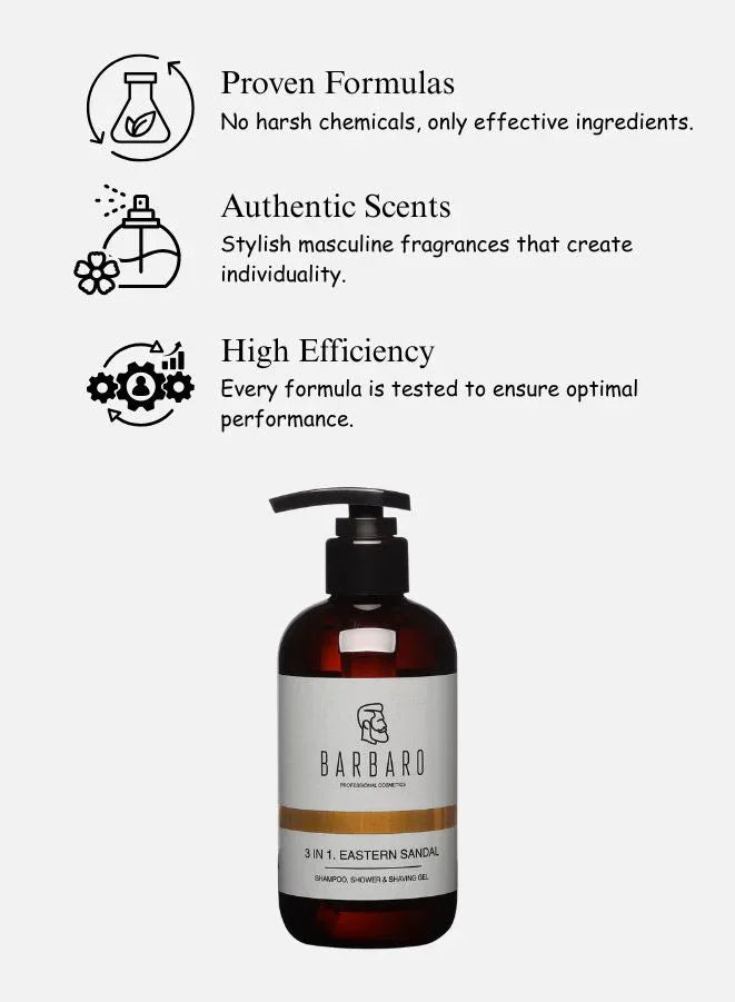 Barbaro shampoo bottle with product features listed on a white background