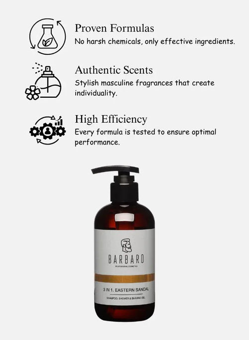 Barbaro shampoo bottle with product features listed on a white background