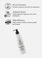 Barbaro shampoo bottle with product features on a white background