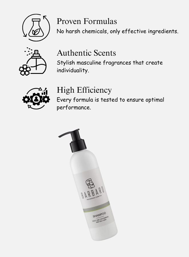 Barbaro shampoo bottle with product features on a white background