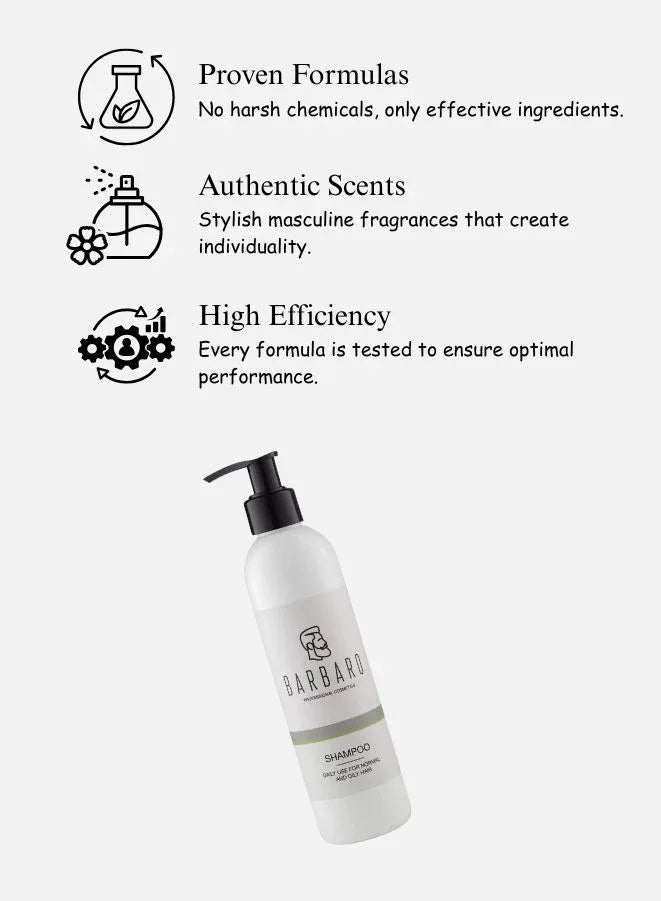 Barbaro shampoo bottle with product features on a white background