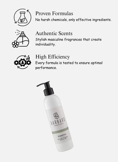 Barbaro shampoo bottle with product features on a white background