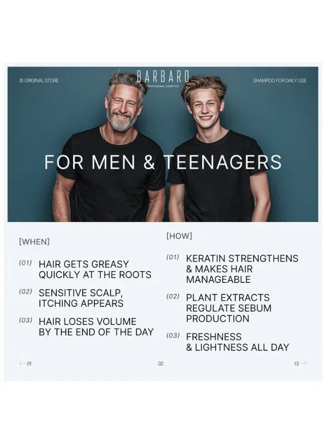 Two men standing side by side with text about a hair care product for men and teenagers.