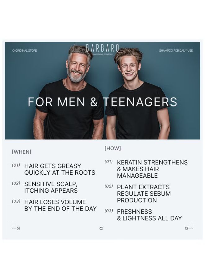 Two men standing side by side with text about a hair care product for men and teenagers.