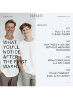 Two men wearing white t-shirts with text about hair care product results.