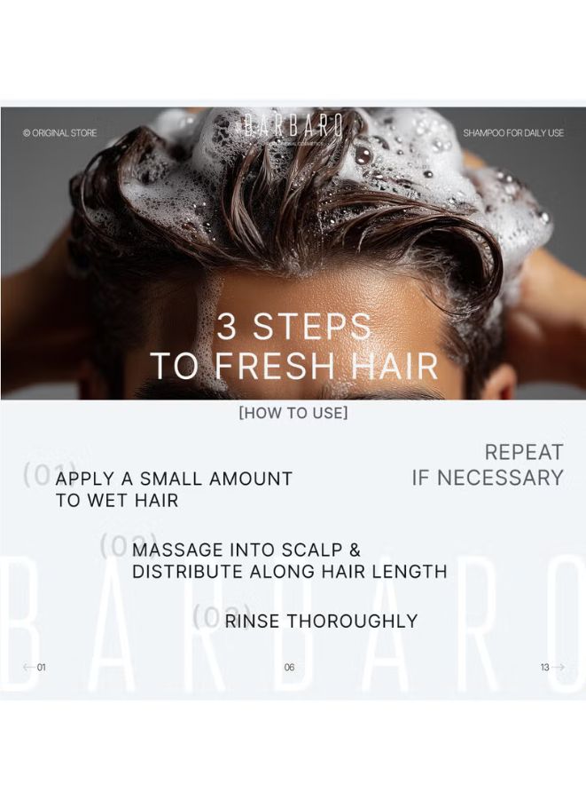 Person washing hair with shampoo, showing three steps to fresh hair on a white background.