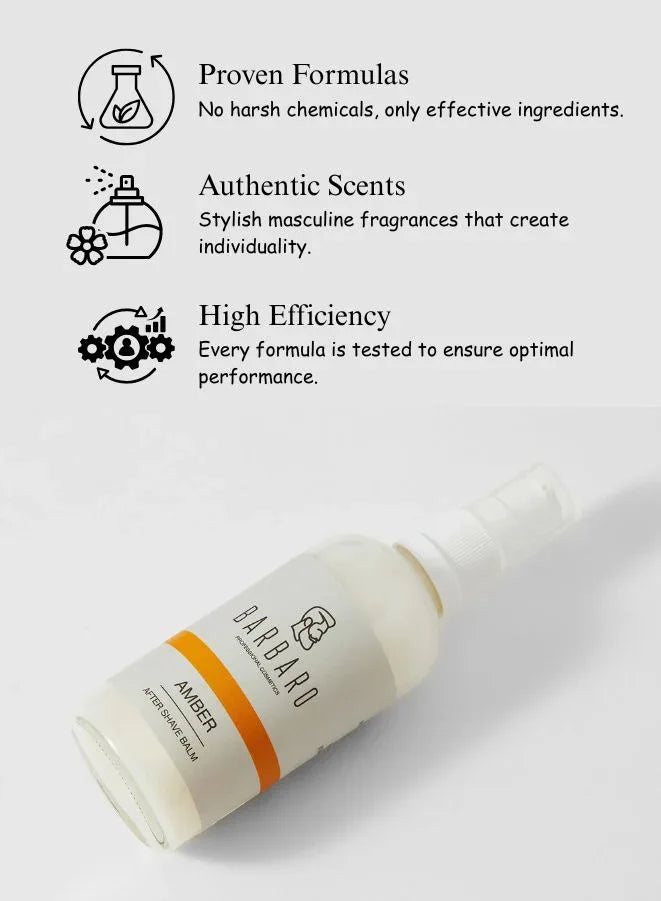 Barbaro Amber aftershave balm bottle with product features on a white background