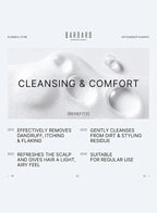 Barbaro shampoo with product droplets and benefits listed on a light gray background