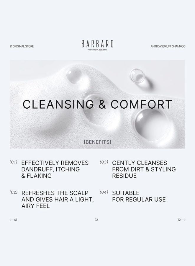 Barbaro shampoo with product droplets and benefits listed on a light gray background