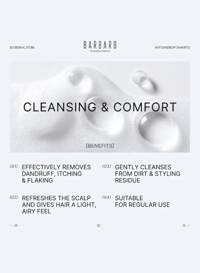 Barbaro shampoo with product droplets and benefits listed on a light gray background
