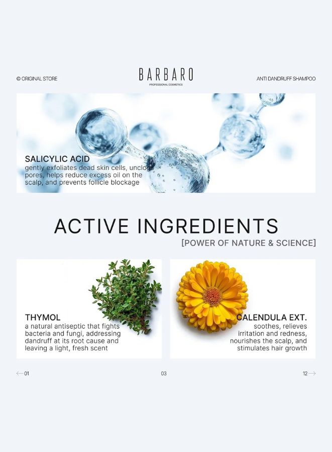 Barbaro shampoo advertisement with active ingredients and product name.