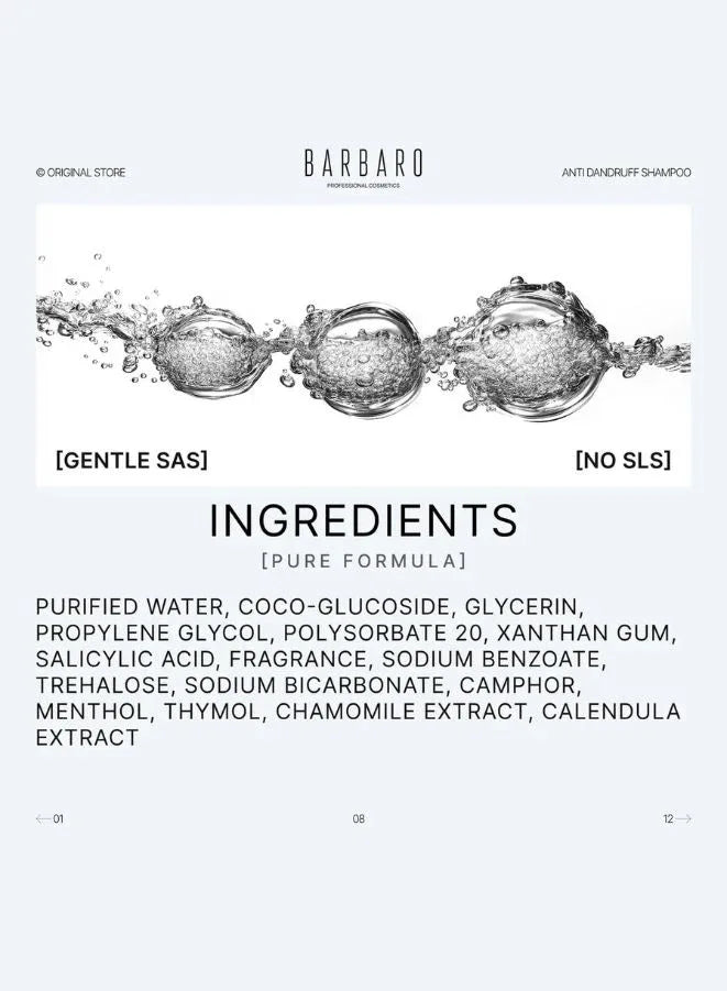 Barbaro shampoo ingredients list on a white background