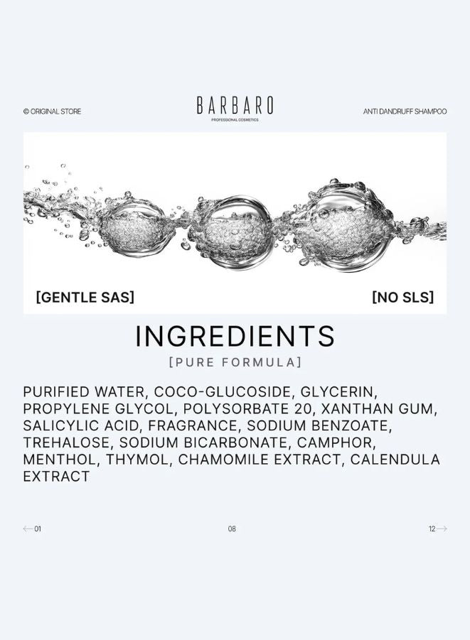 Barbaro shampoo ingredients list on a white background