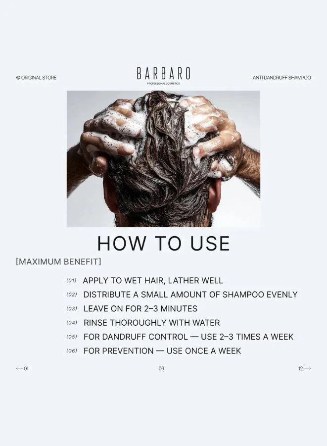 Barbaro anti-dandruff shampoo usage guide with a person applying shampoo to their hair.