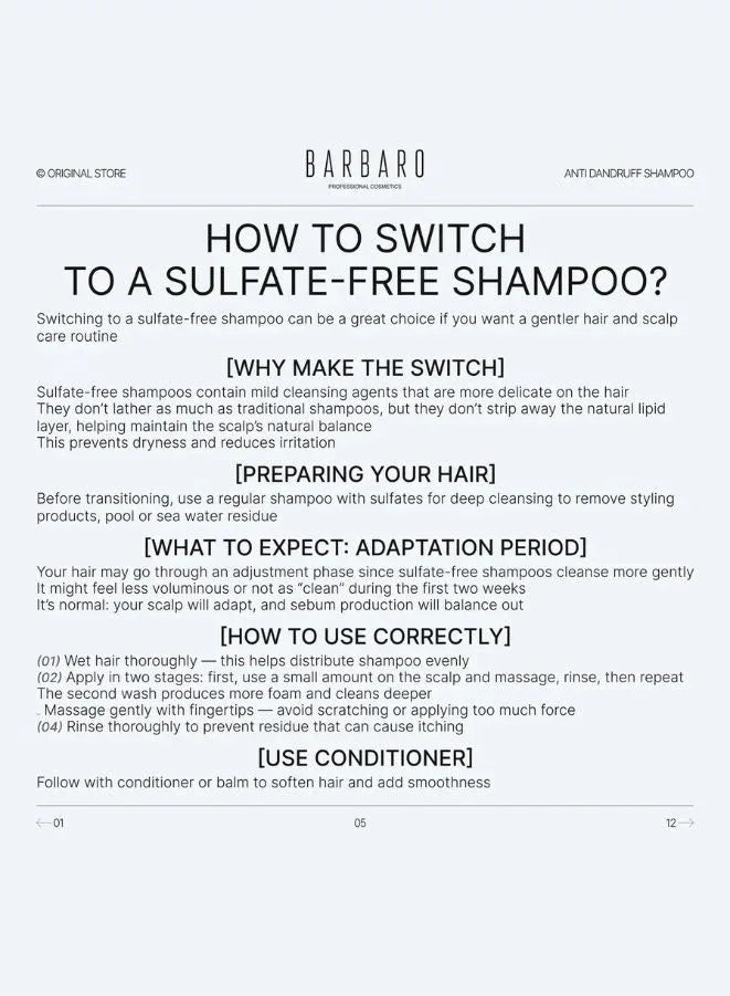 Instructions on how to switch to a sulfate-free shampoo from Barbaro on a white background