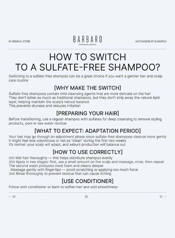 Instructions on how to switch to a sulfate-free shampoo from Barbaro on a white background