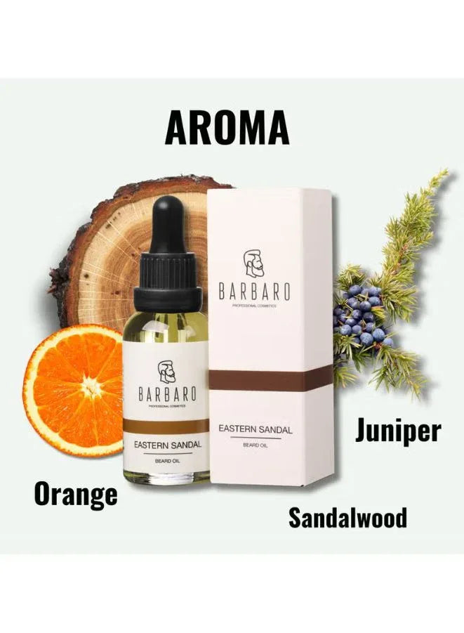 Barbaro Eastern Sandal aroma beard oil bottle and packaging with ingredients displayed on a white background