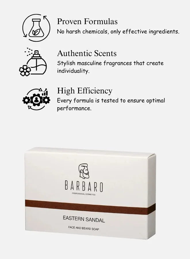 Barbaro beard soap packaging with product features listed on a white background