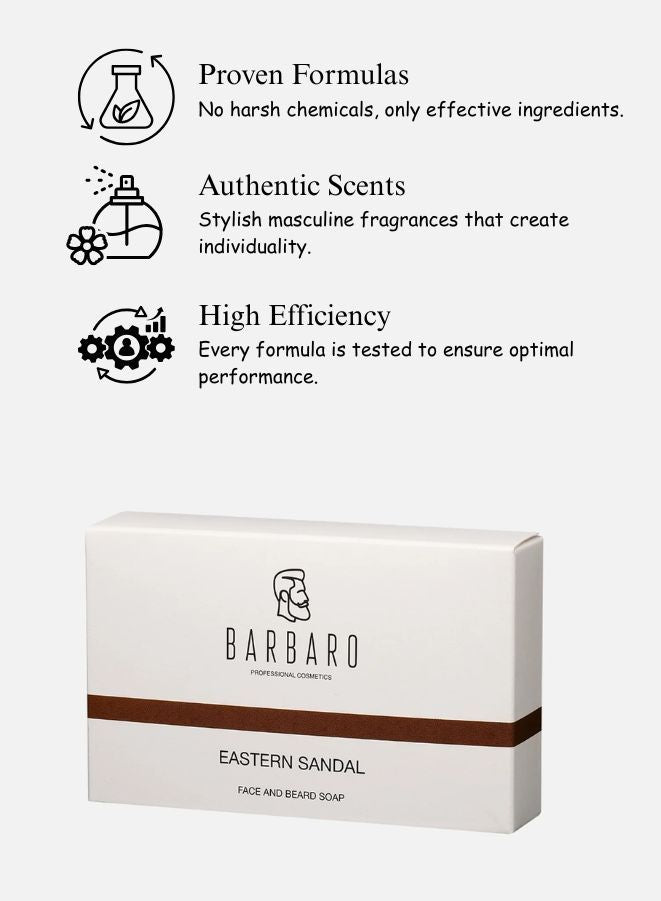 Barbaro beard soap packaging with product features listed on a white background