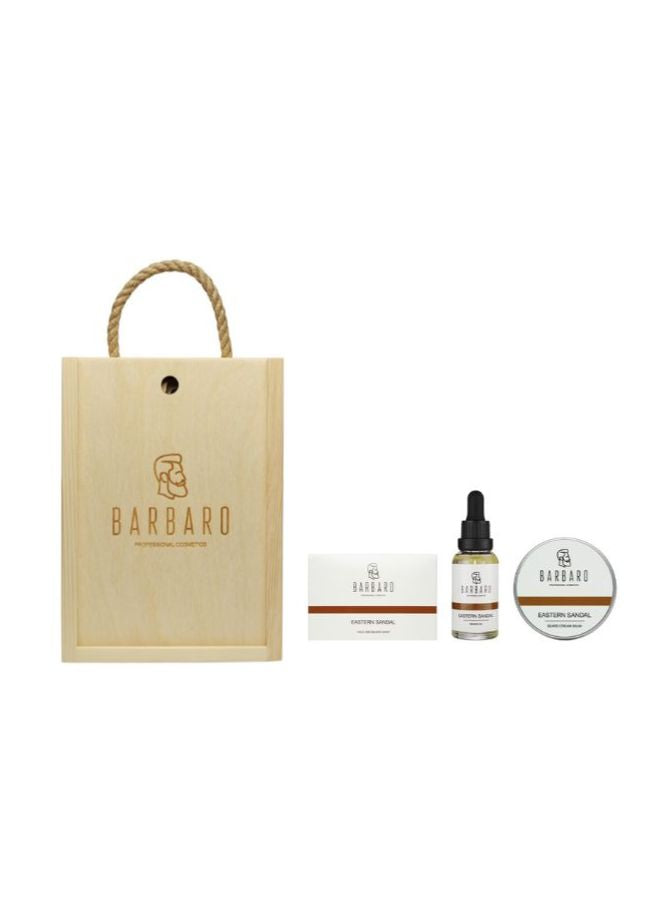 Barbaro skincare products including a bag, bottle, and cream on a white background
