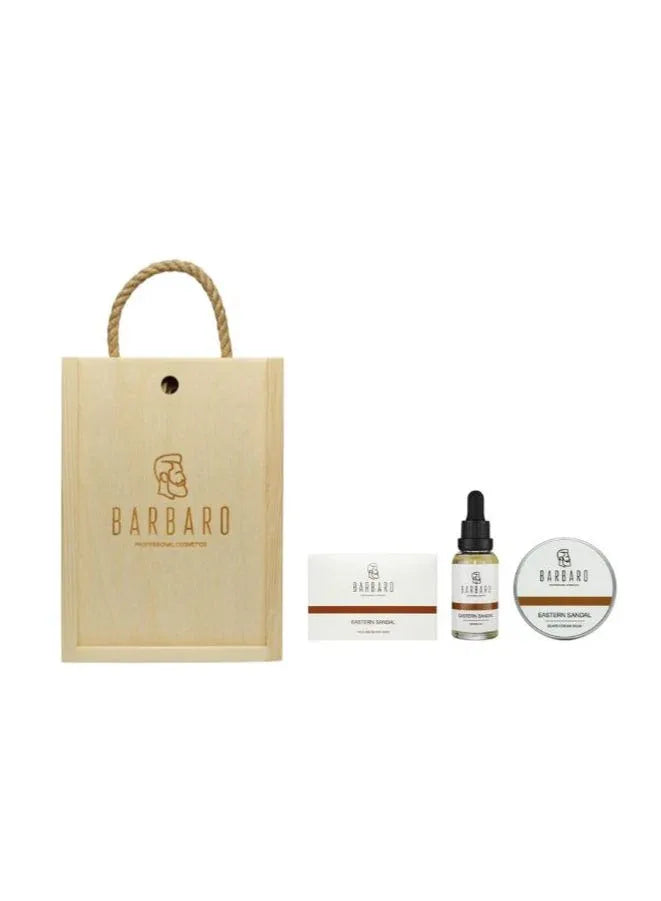 Barbaro skincare products including a bag, bottle, and cream on a white background