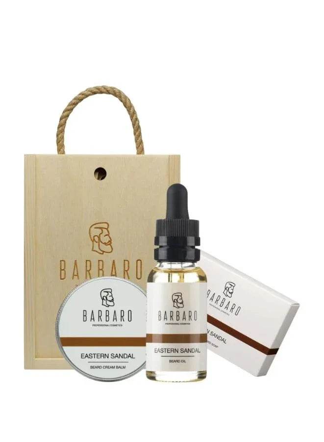 Barbaro grooming set including a beard balm, beard oil and beard soap in a wooden box with 'Barbaro' branding on a white background.