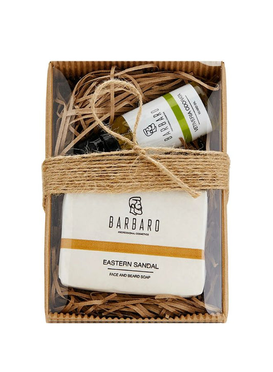 Barbaro product set with soap and bottle in a decorative box on a white background