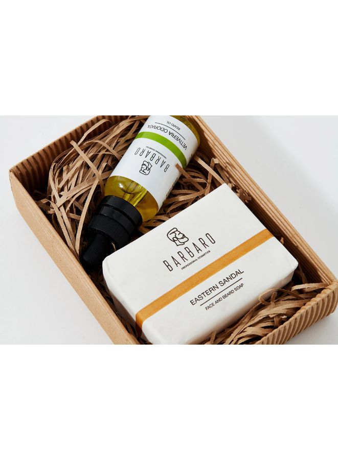 Barbaro soap and beard oil bottle in a wicker basket on a white background