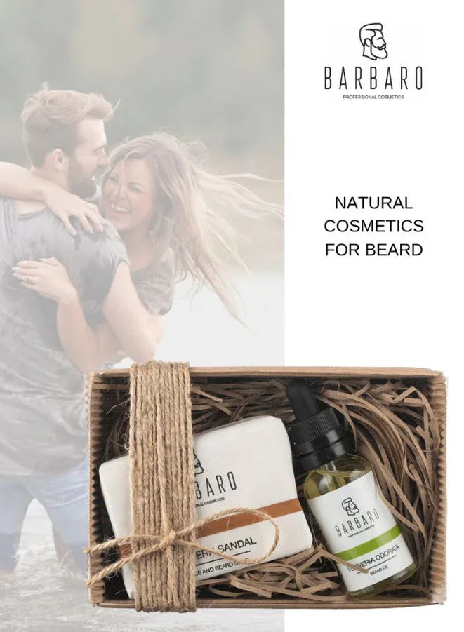 Barbaro natural cosmetics for beard set with a couple embracing in the background