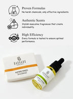 Barbaro Eastern Sandal soap and dropper bottle with product features on a white background