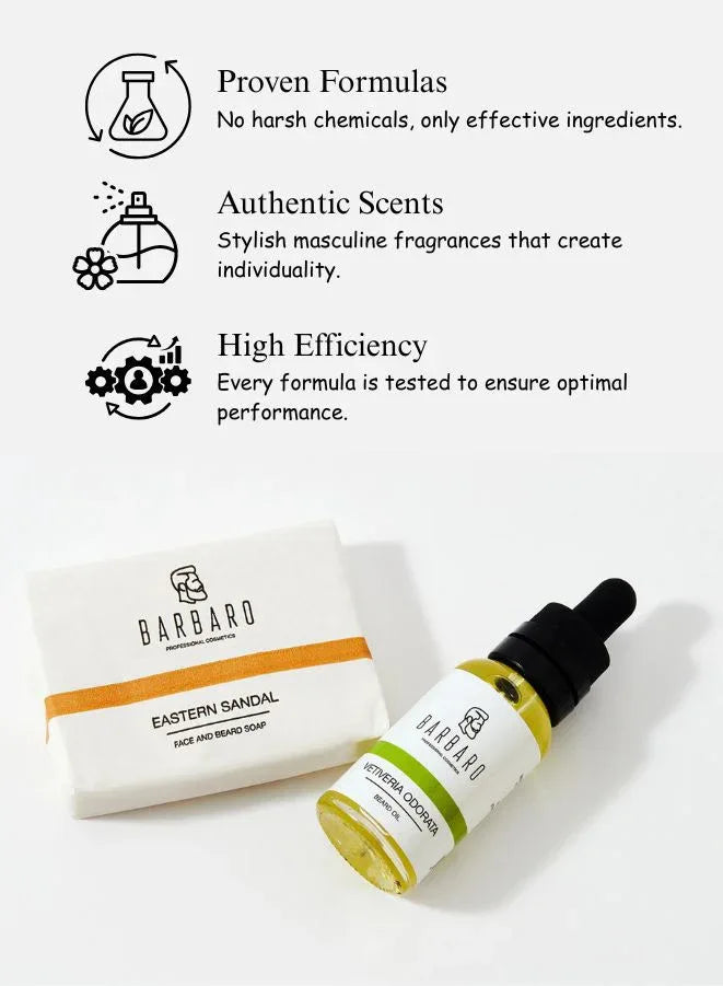 Barbaro Eastern Sandal soap and dropper bottle with product features on a white background