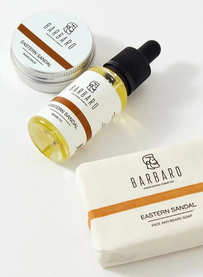 Barbaro products including a bottle, soap bar, and beard balm on a white background