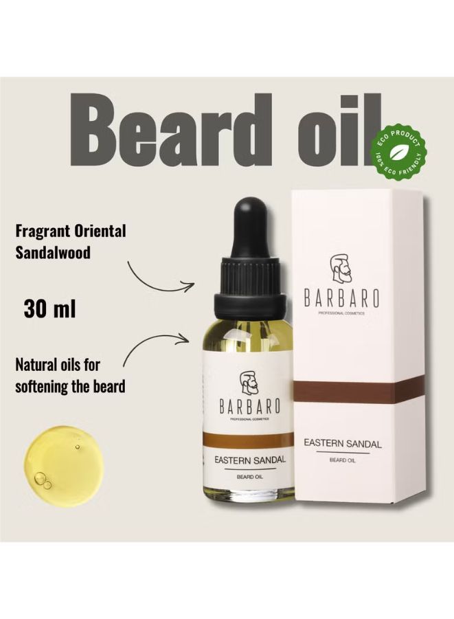 Barbaro Eastern Sandal beard oil with packaging on a light beige background