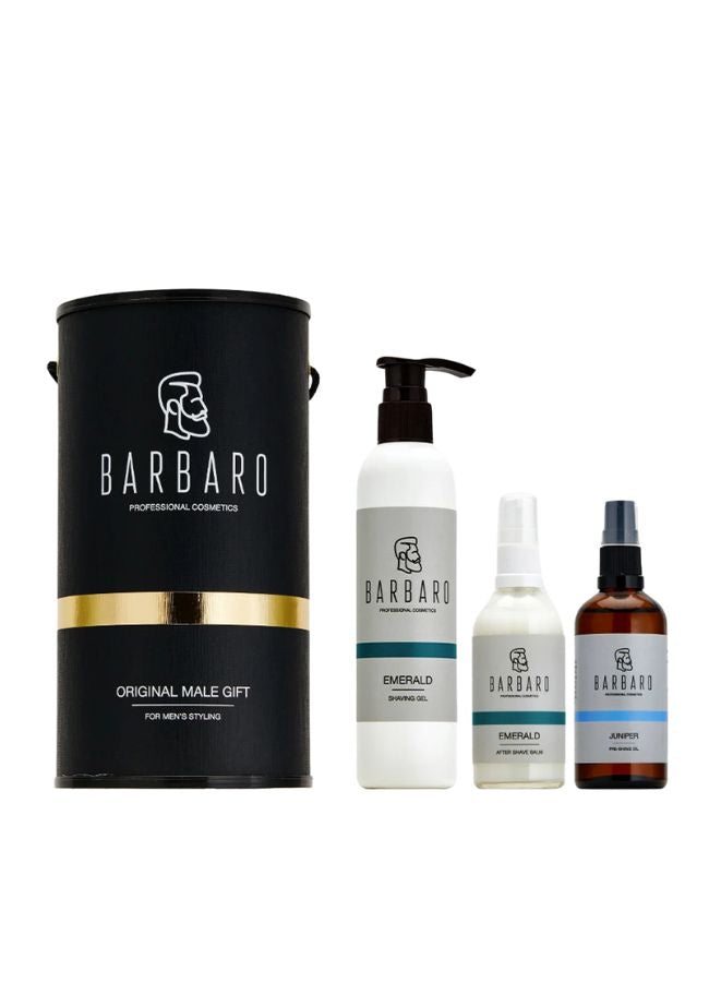 Barbaro grooming products including a black cylindrical container and three bottles on a white background