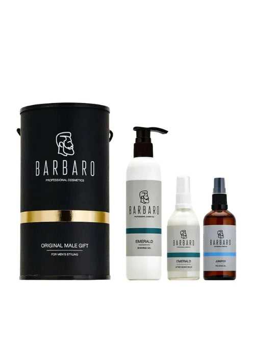 Barbaro grooming products including a black cylindrical container and three bottles on a white background