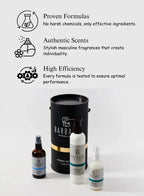 Barbaro grooming products with text on proven formulas, authentic scents, and high efficiency.