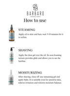 Barbaro product usage guide with images of bottles on a white background