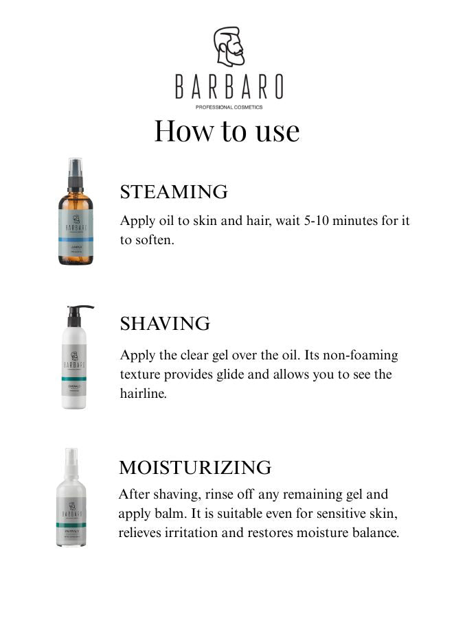 Barbaro product usage guide with images of bottles on a white background