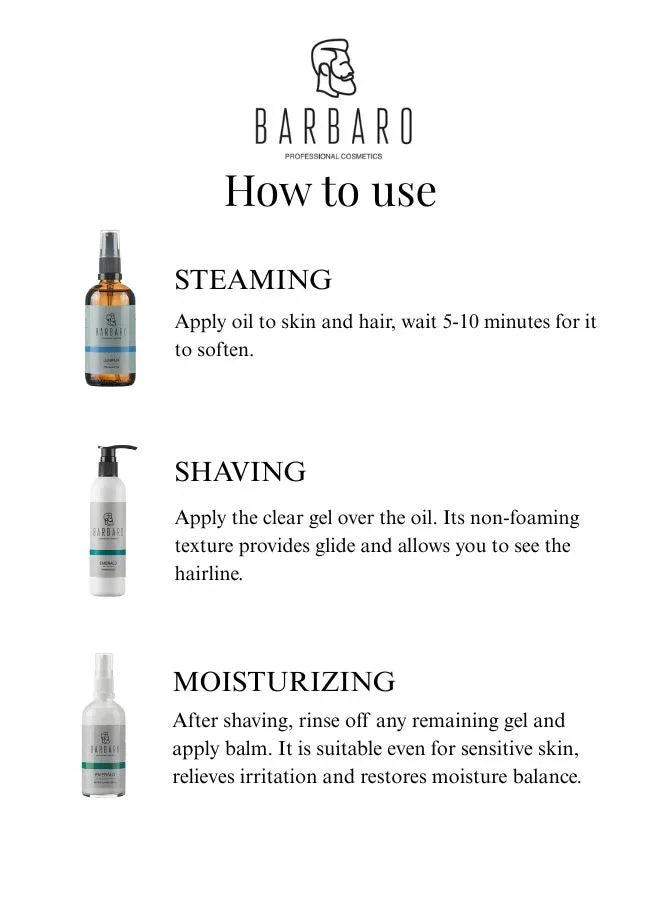 Barbaro product usage guide with images of bottles on a white background