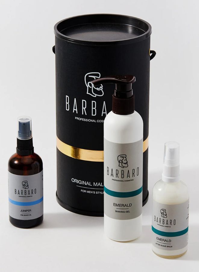 Barbaro grooming products including bottles and a large cylindrical container on a white background
