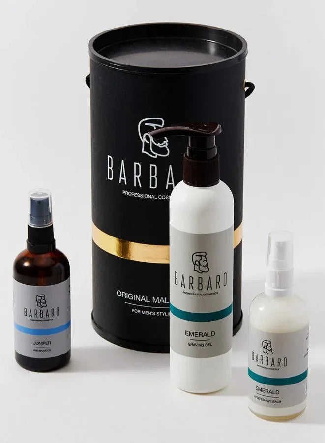 Barbaro grooming products including bottles and a large cylindrical container on a white background